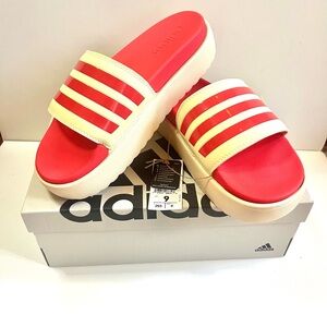 Adidas Adilette Red and Cream Striped Platform Slides Womens Size 9.